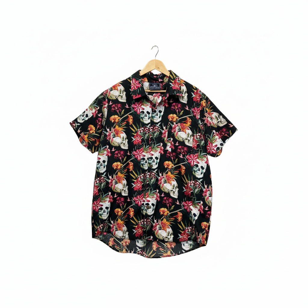 DBK Apparel Black Skull Floral Hawaiian Party Mens Shirt - 3XL