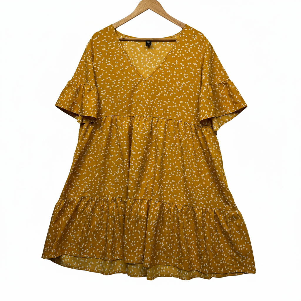 Shein mustard yellow heart print dress front view