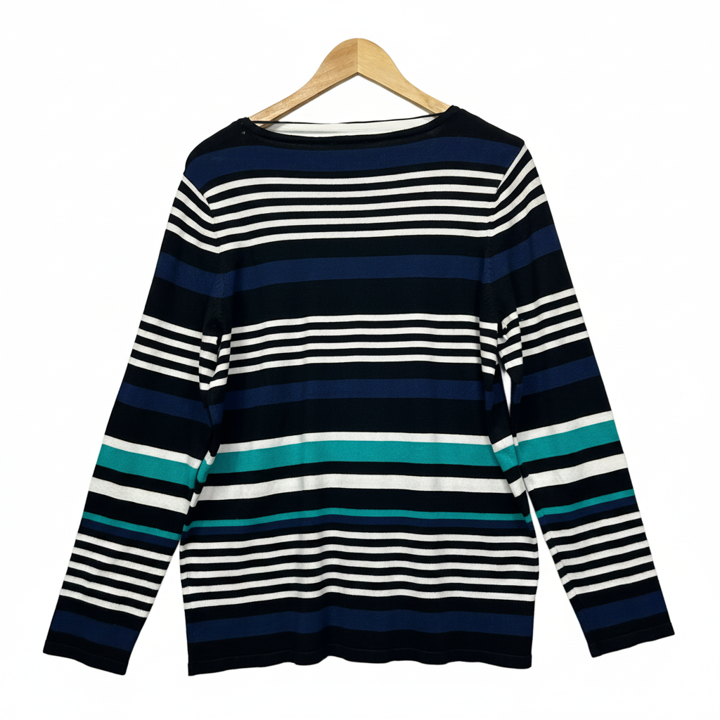 W.Lane Navy Blue Black White Multicoloured Striped Top - Brand Label