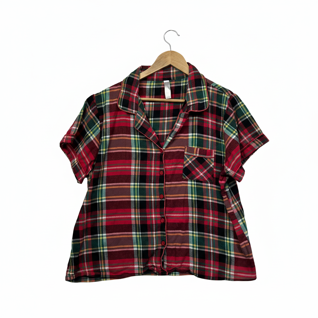 edited Red & Green Plaid Short Sleeve Sleep PJ Shirt - Size 16