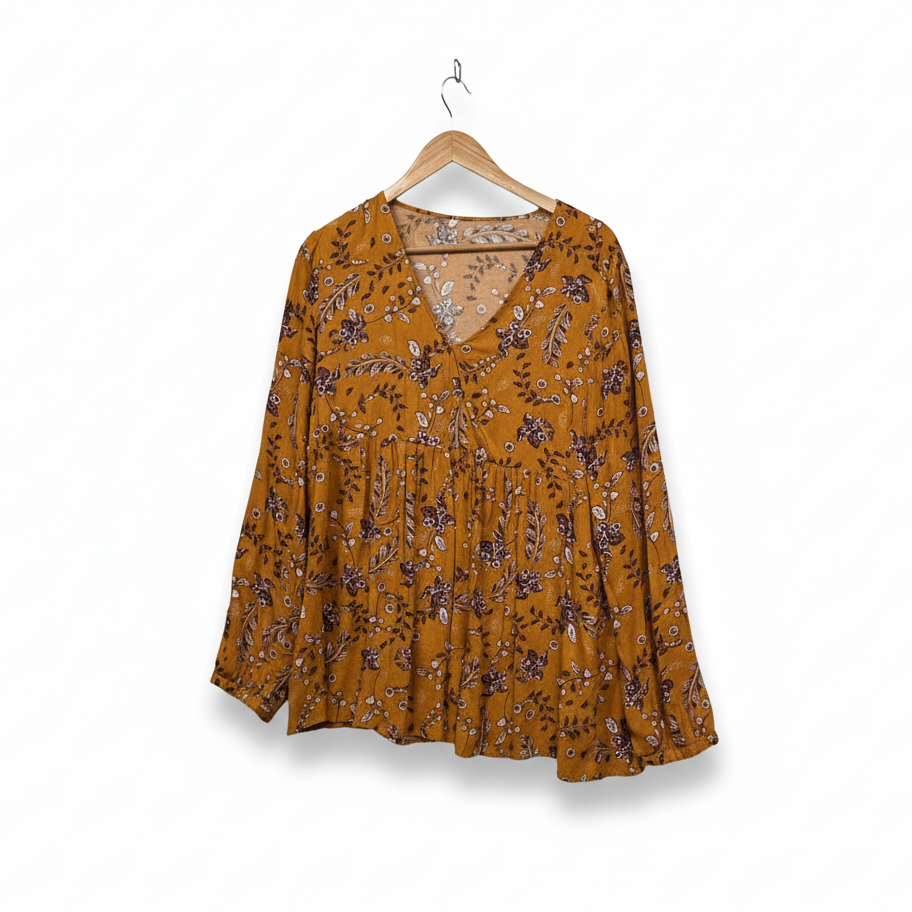 Mustard yellow floral print top with long sleeves