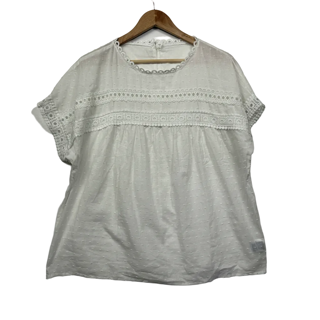 Shein white Swiss dot lace trim top size 14 front view