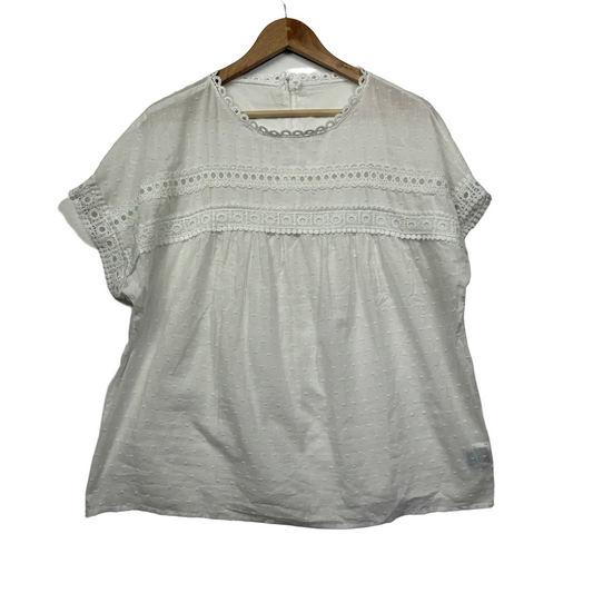 Shein white Swiss dot lace trim top size 14 front view