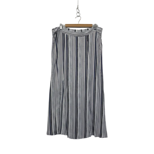 Katies multi-striped midi skirt with navy black grey white stripes size 20