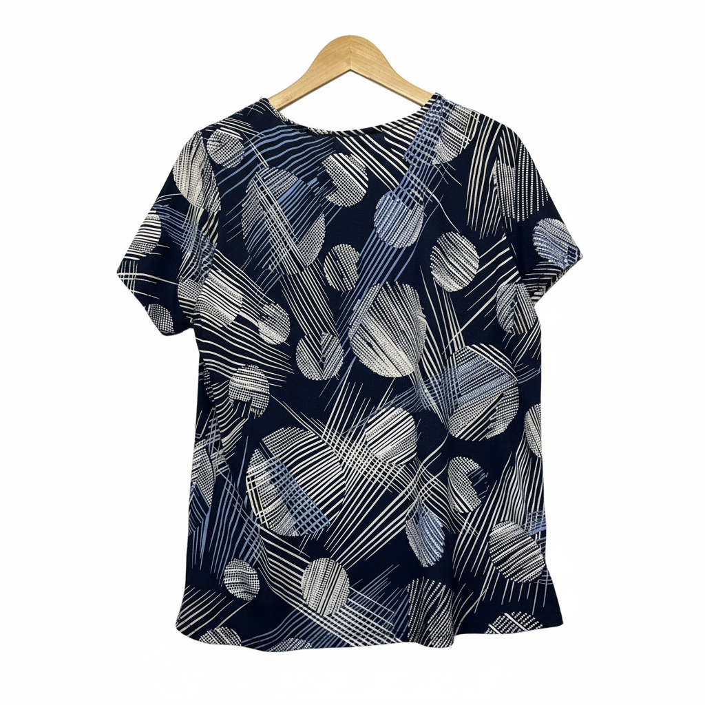 Noni B navy geometric print top label detail