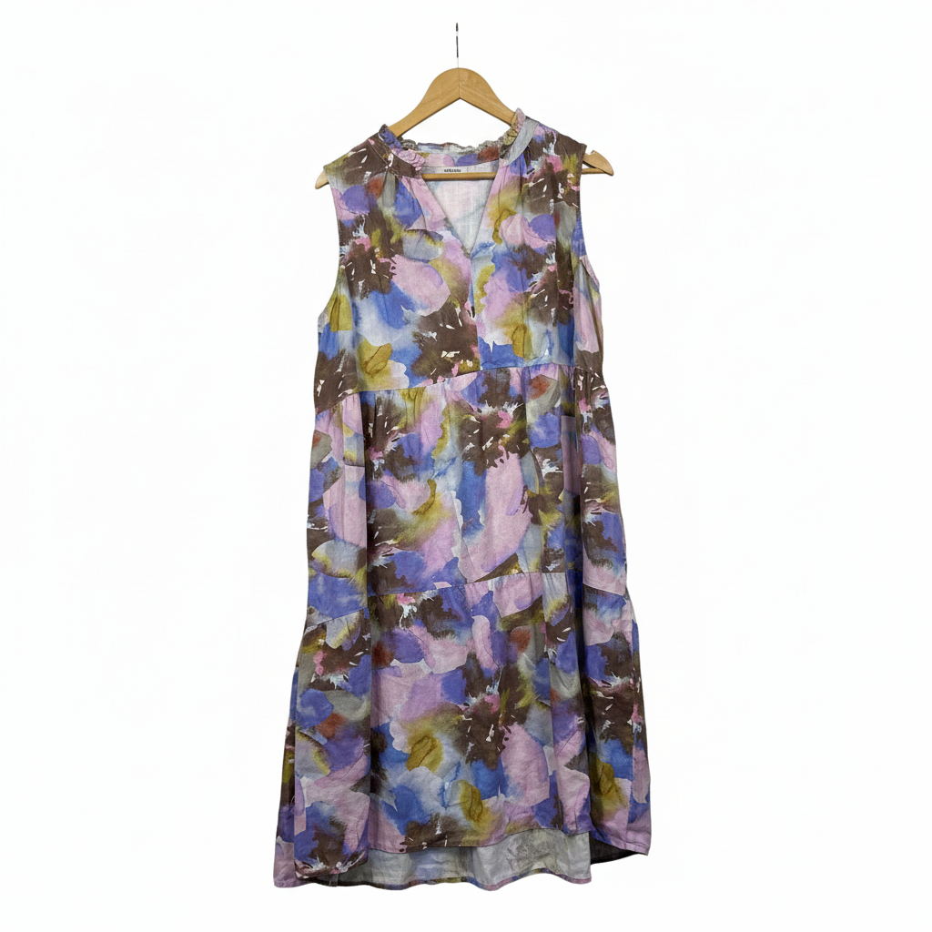 Sussan Purple Blue Pink Olive Floral Print Tiered Dress Size 14