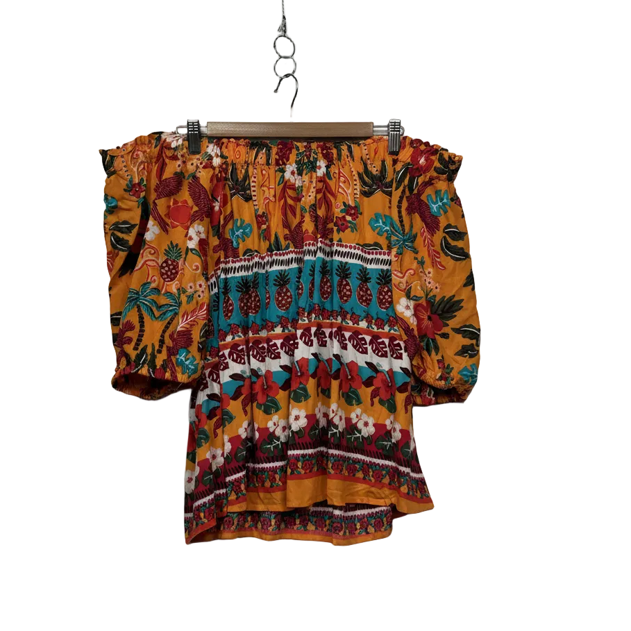Rockmans Orange Floral Print Off The Shoulder Top - Size 14