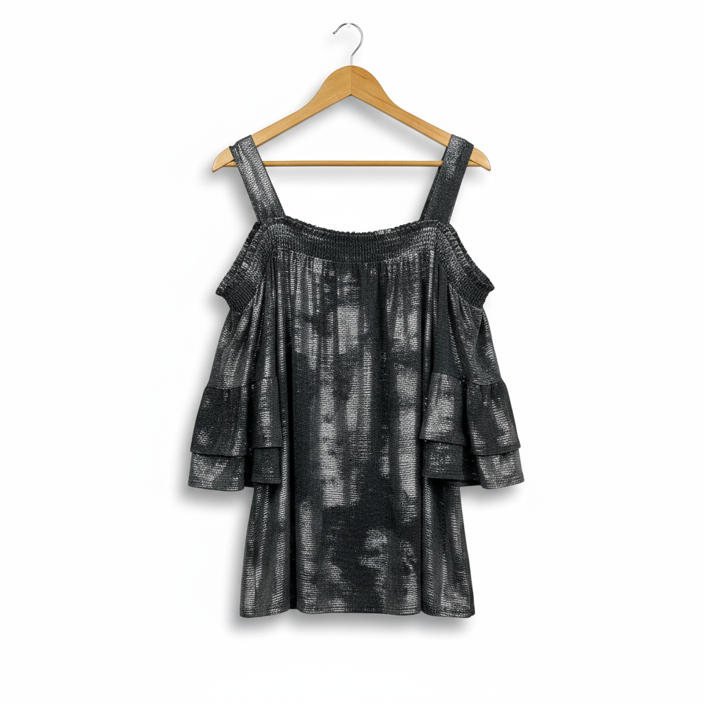 Virtuelle Black Silver Metallic Cold Shoulder Top - Size 18/M