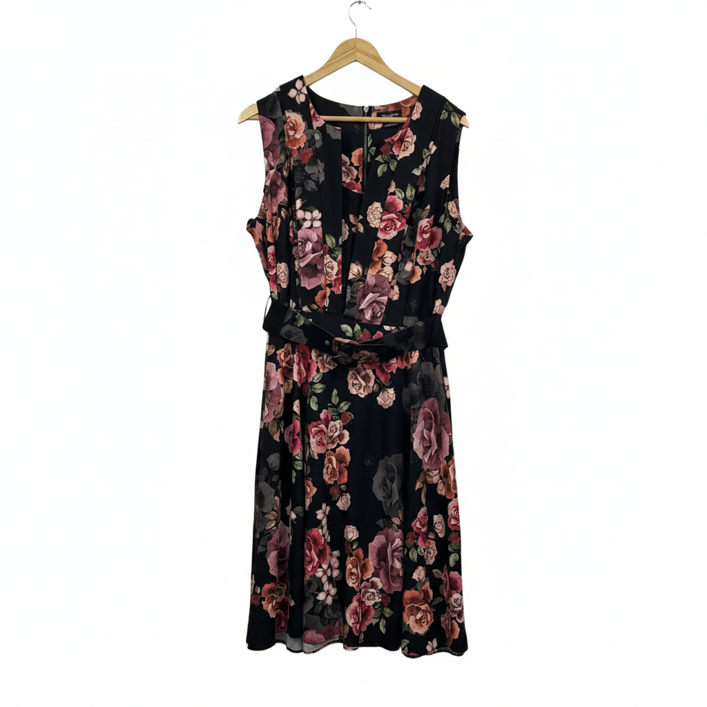 City Chic Black Floral Print Belted Fit & Flare Dress - Size 20/L