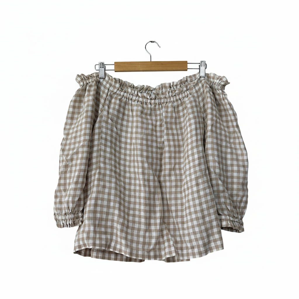 Sussan Beige White Gingham Check Off-Shoulder Top - Size 18
