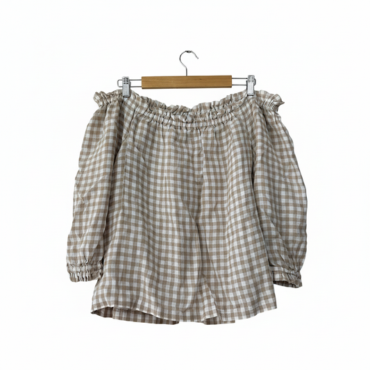 Sussan Beige White Gingham Check Off-Shoulder Top - Size 18