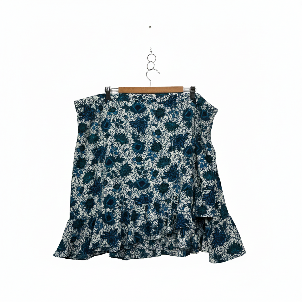 edited Plus Navy and Teal Floral A-Line Skirt with Ruffle Hem - Size 26