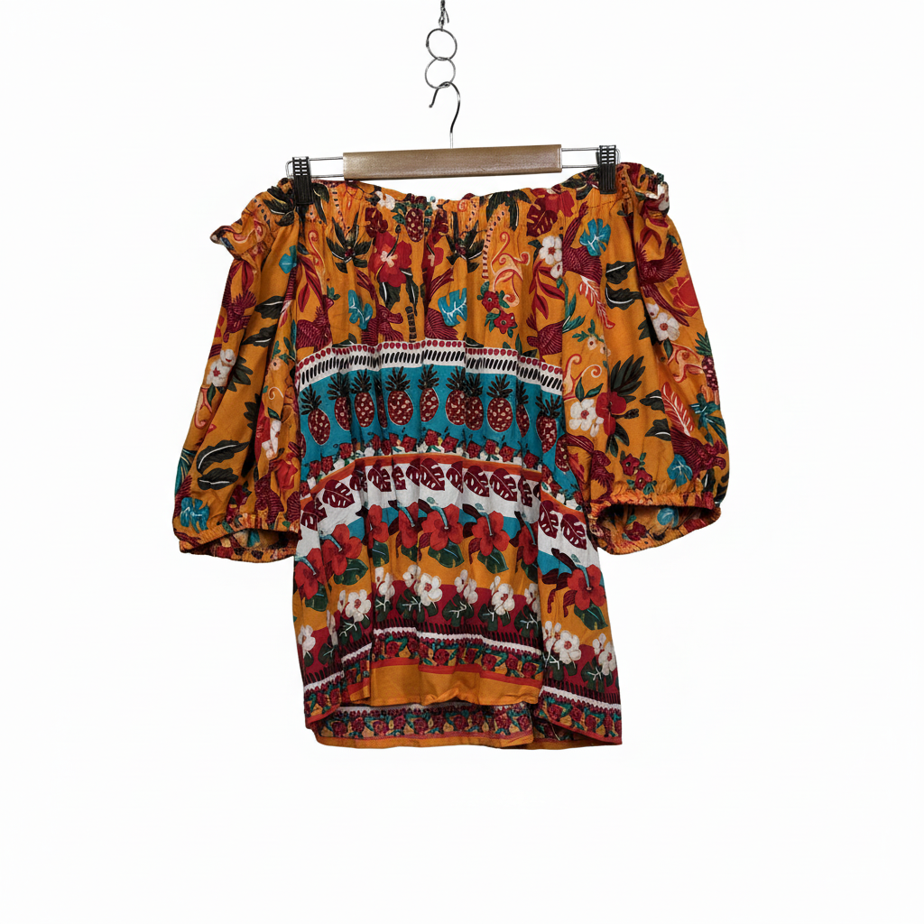 Rockmans orange multicoloured floral print bardot top size 14