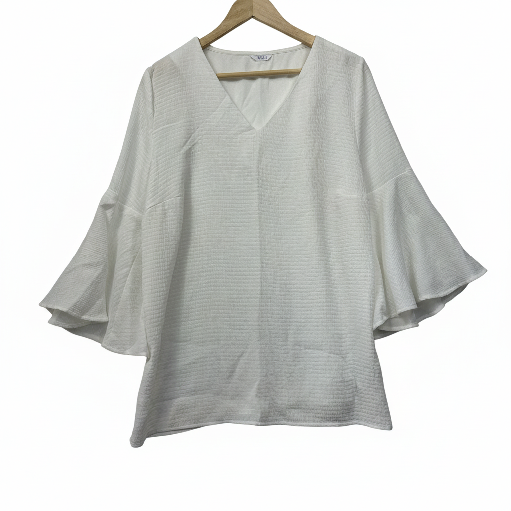 Khoko White Textured Bell Sleeve Top - Size 14/16