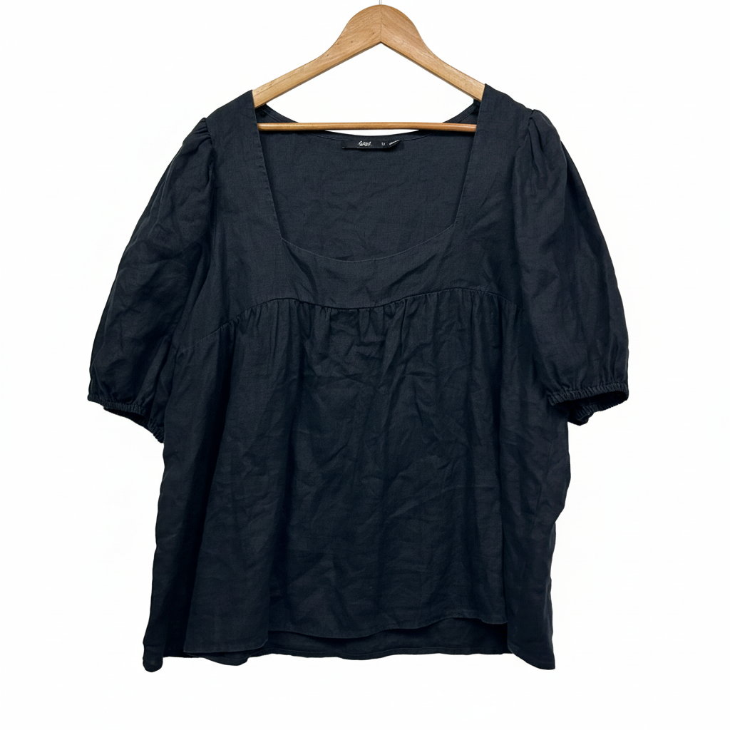 Sportsgirl Black Linen Short Sleeve Top - Size 16