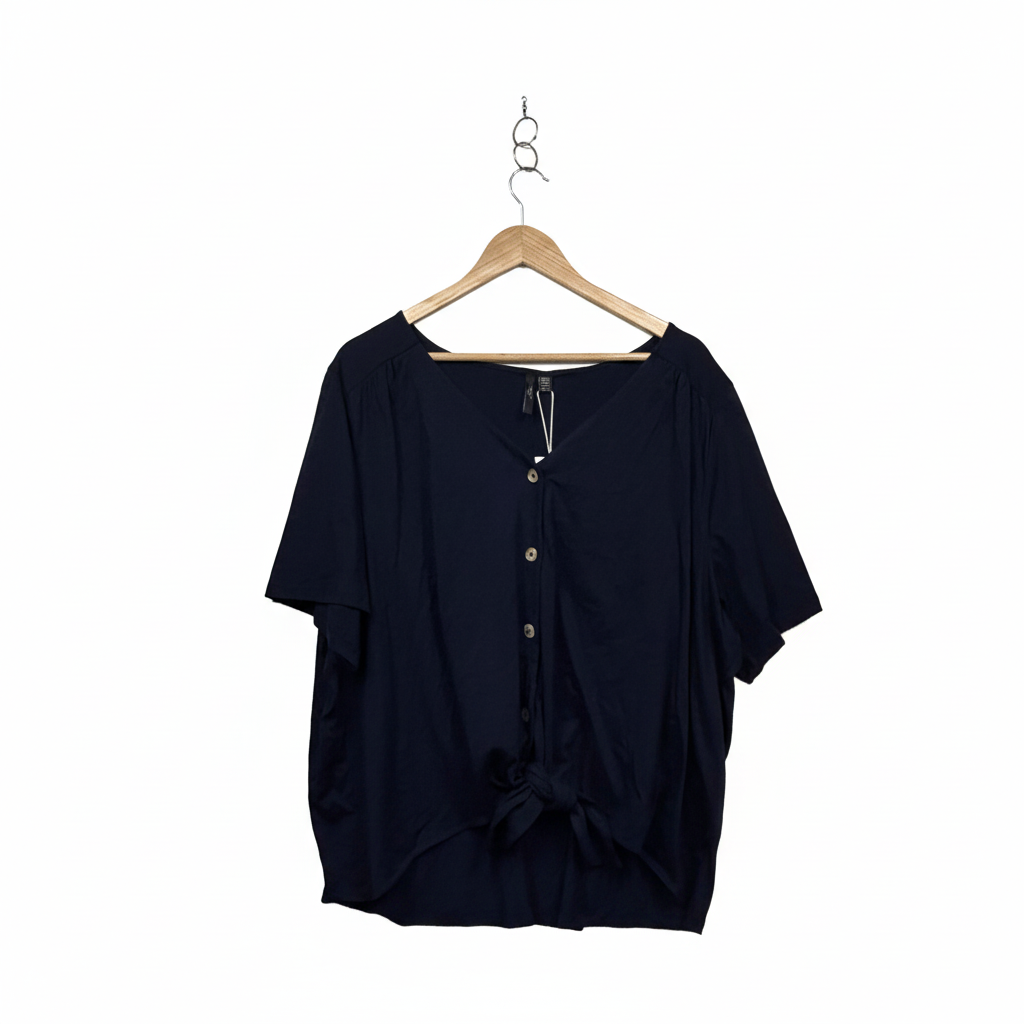 Forever New Navy Blue Button Front Top with Tie Detail - Size 22