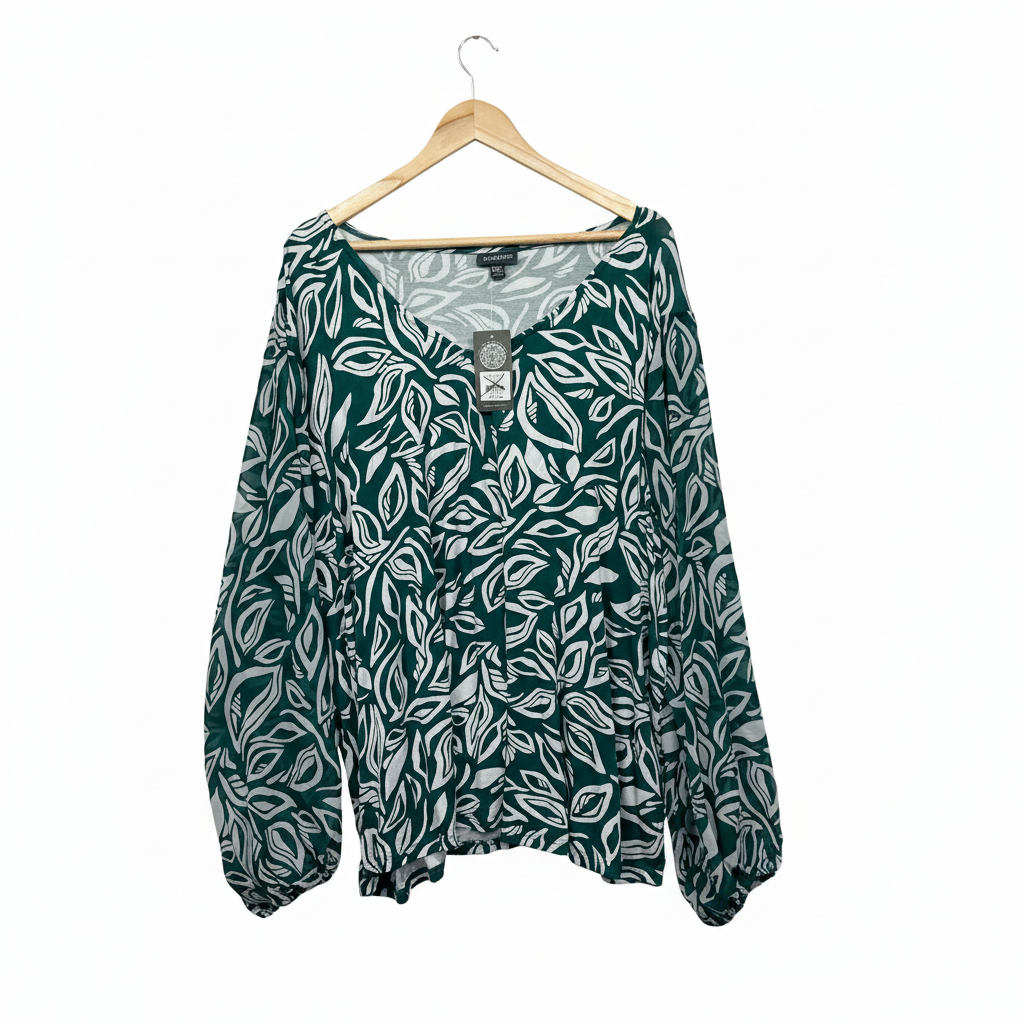 Autograph Dark Green and White Leaf Print Top - Size 24/XXL