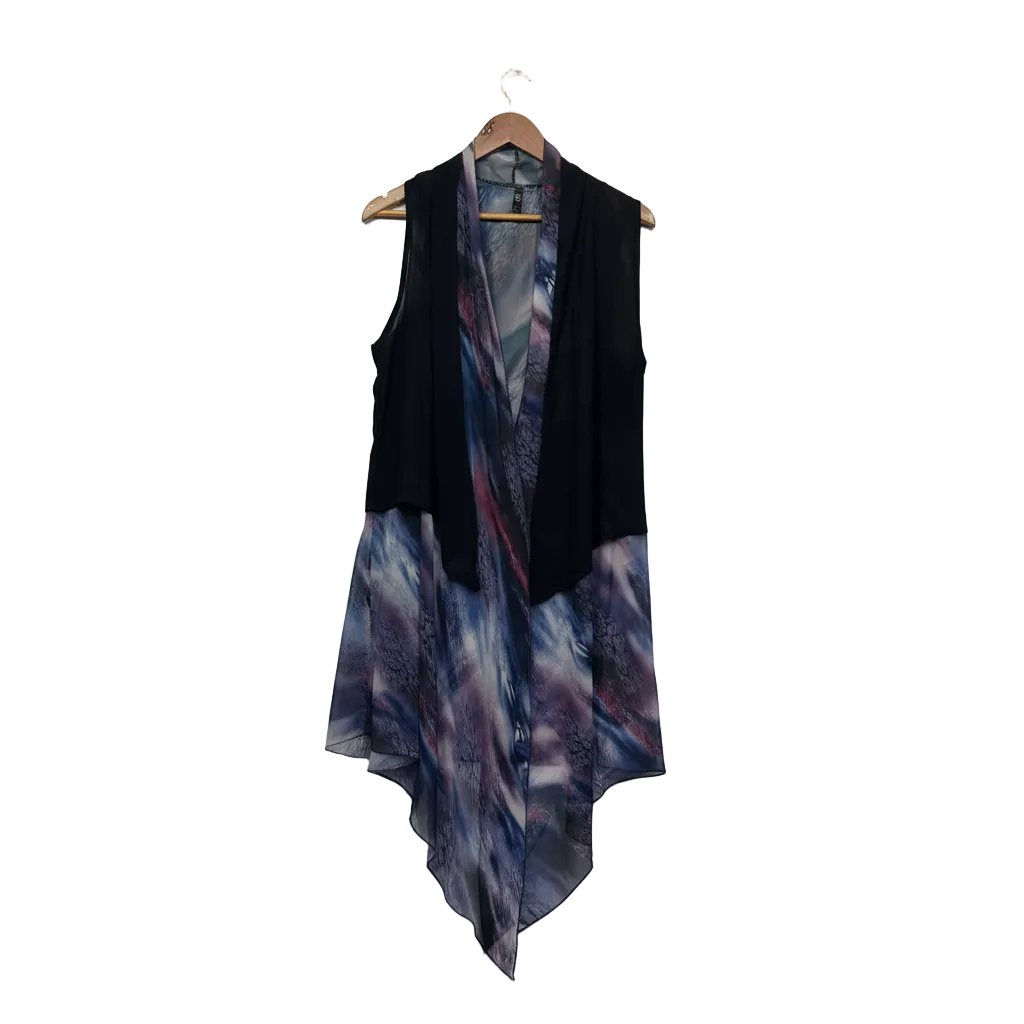 Sleeveless Black Vest with Watercolor Print Overlay Top - Size 14/16