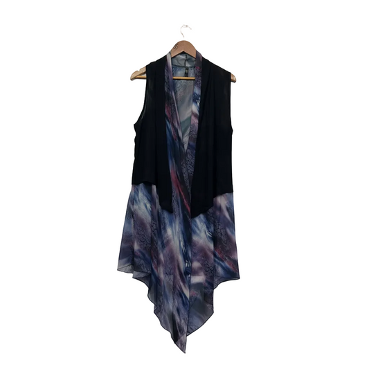 Sleeveless Black Vest with Watercolor Print Overlay Top - Size 14/16