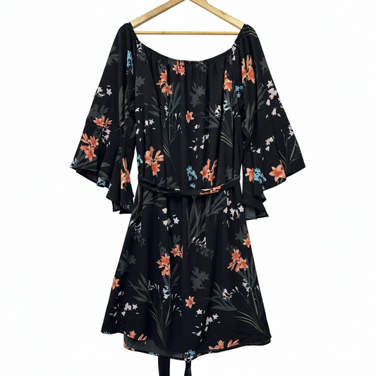 City Chic Black Floral Bell Sleeve Dress - Size 22/XL