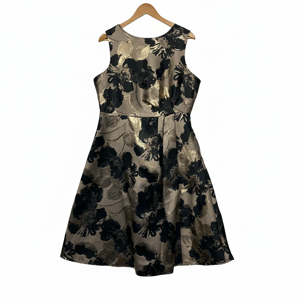 Liz Jordan Black and Gold Brocade Evening Cocktail Dress - Size 14