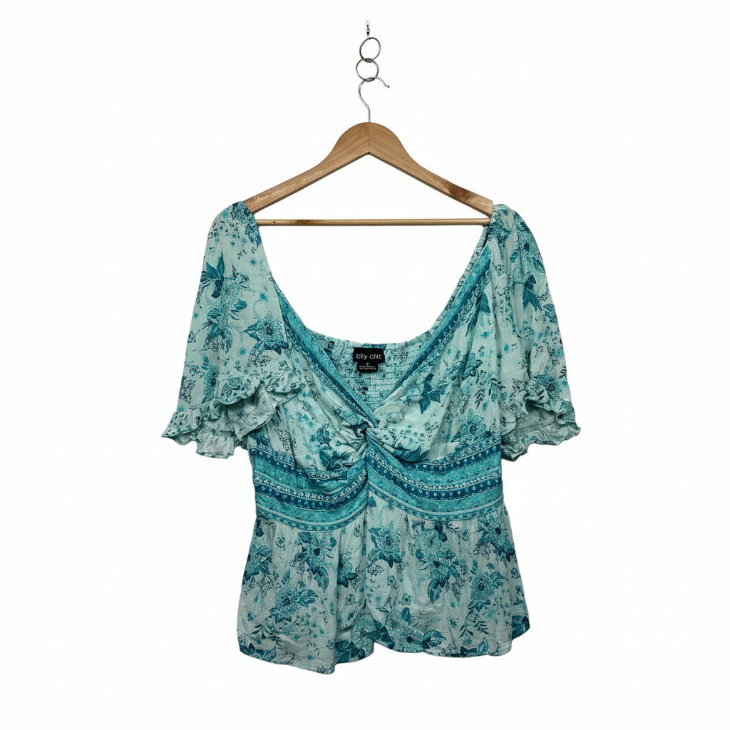 City Chic Aqua Floral Peasant Boho Top - Size 18/M
