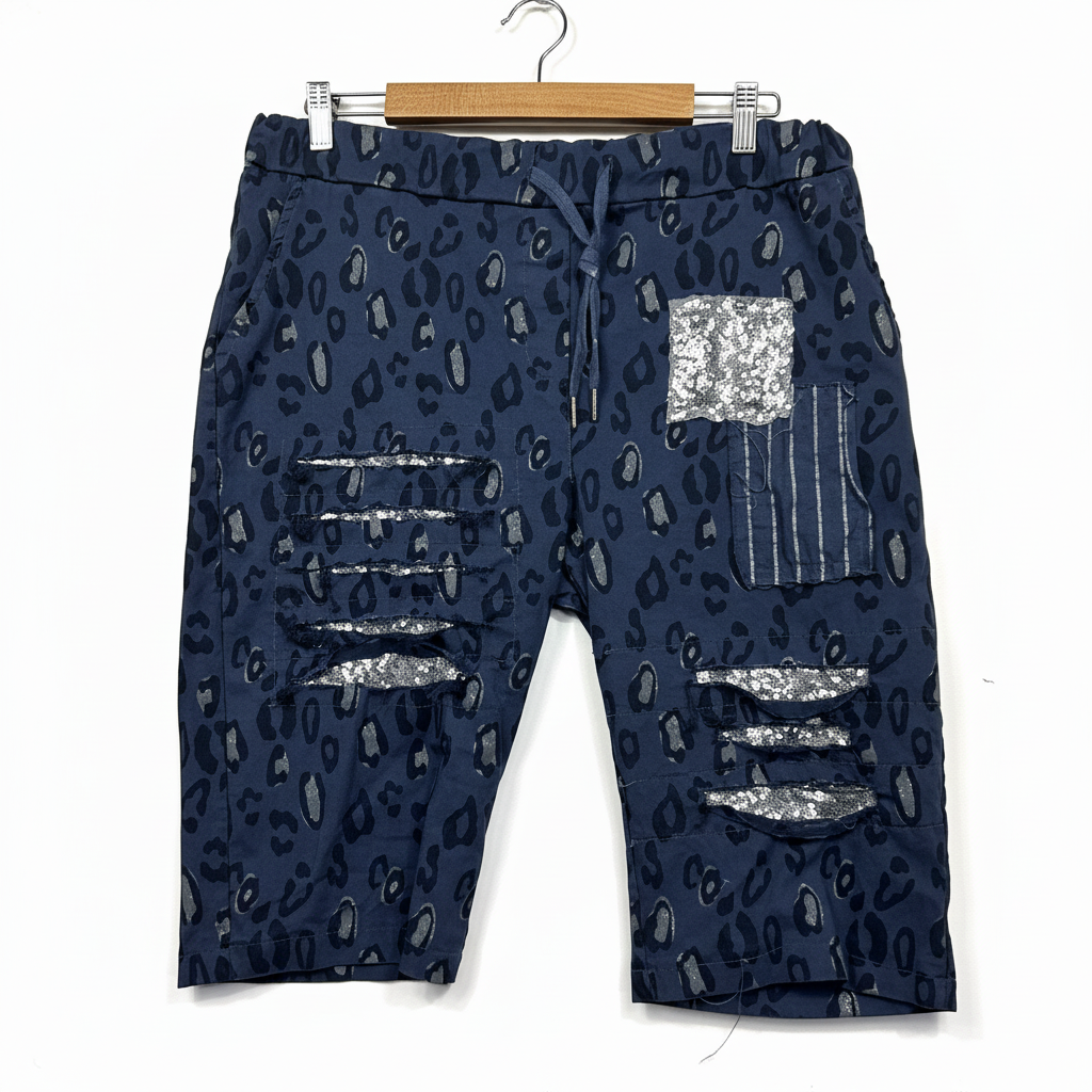 Sass & Bide navy blue leopard print shorts with sequin detail front view