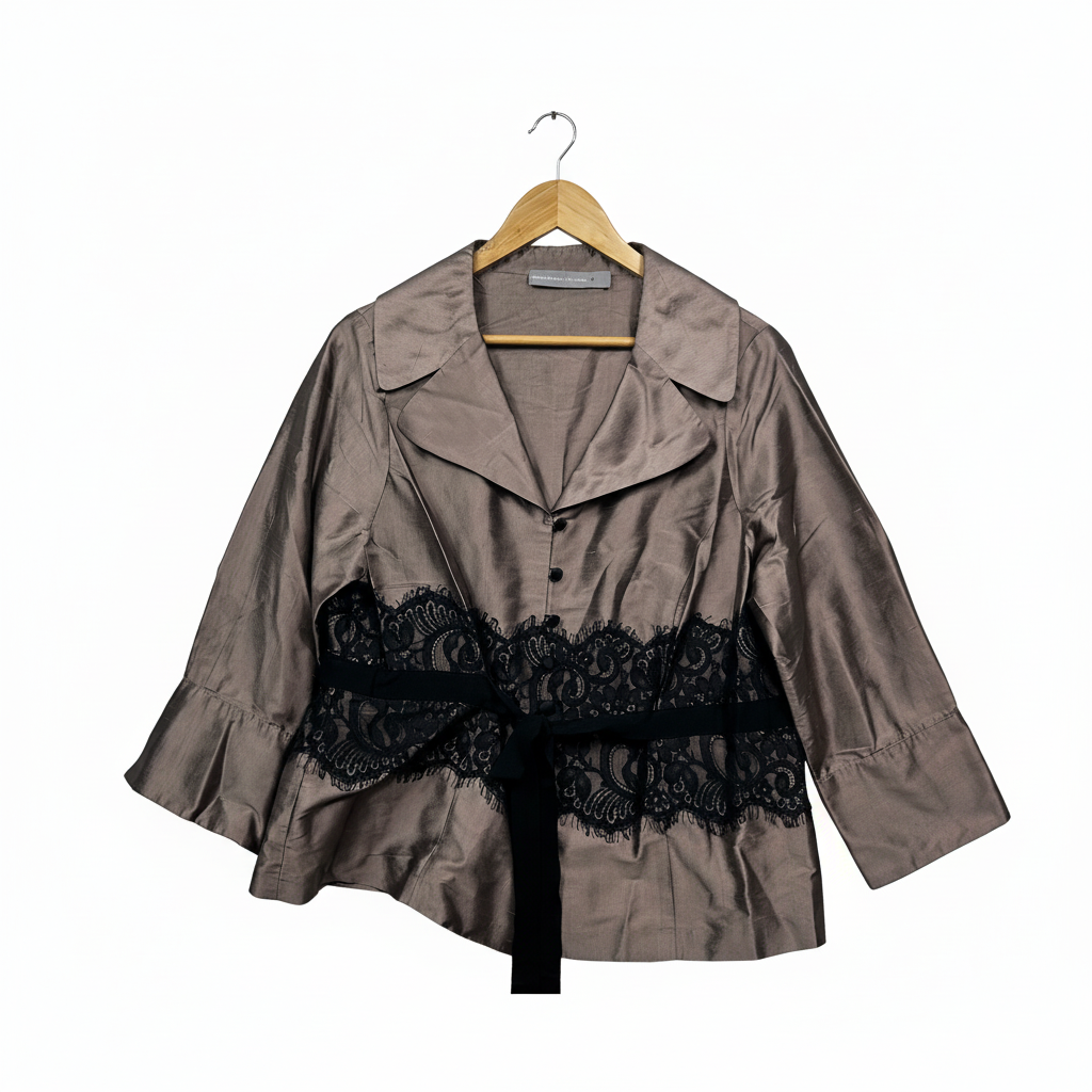Anthea Crawford Taupe Silk Jacket with Black Lace Trim - Size 18