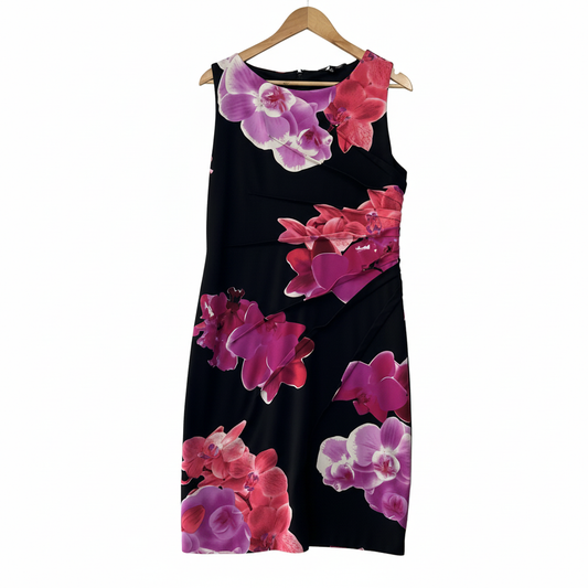 Black dress with pink and purple orchid floral print size 14 front view