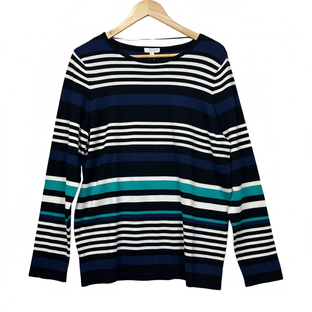 W.Lane Navy Blue Black White Multicoloured Striped Top - Front View