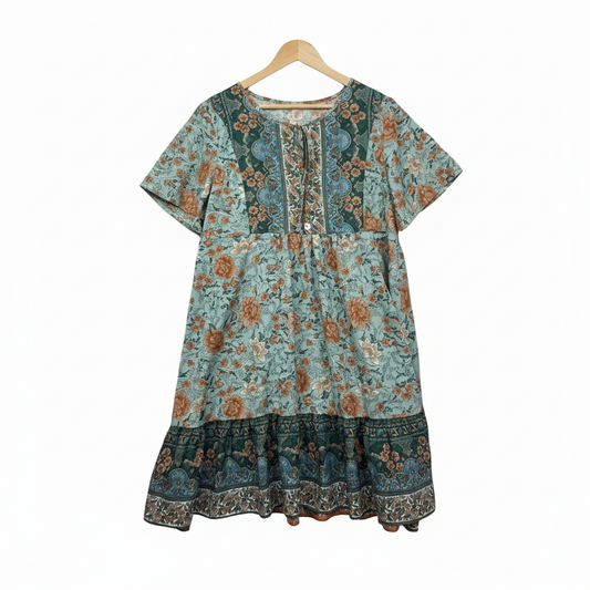 Sage Green and Tan Floral Print Tiered Dress Size XL