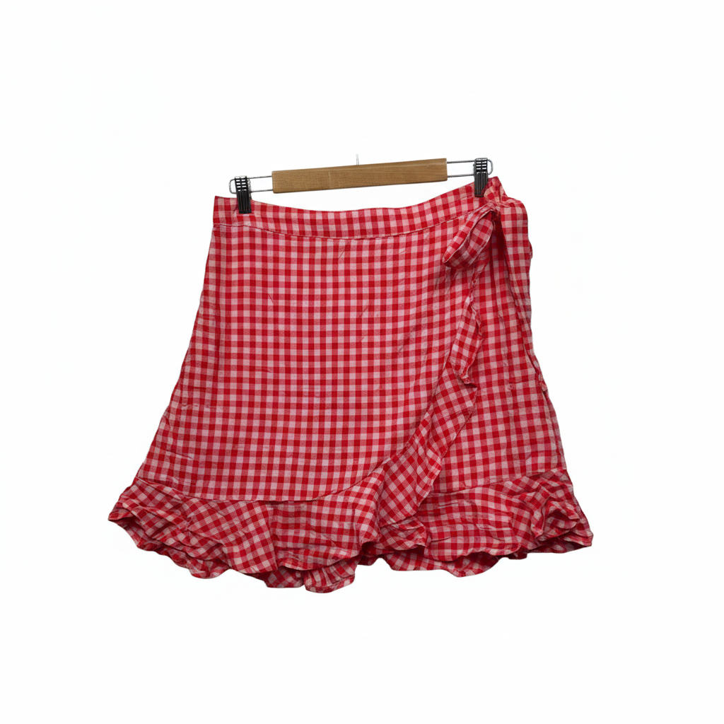 Anko Red and White Gingham Check Tiered Wrap Skirt - Size 14
