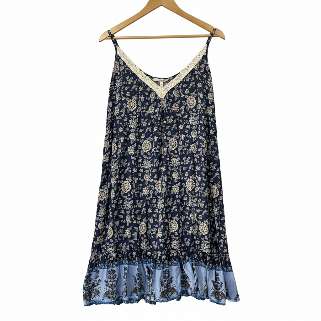 Boho Navy & Blue Floral Print Slip Dress - One Size