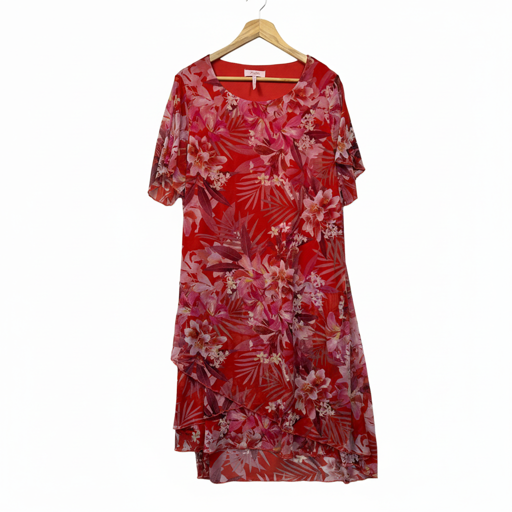 Coral pink tropical floral print dress size 16
