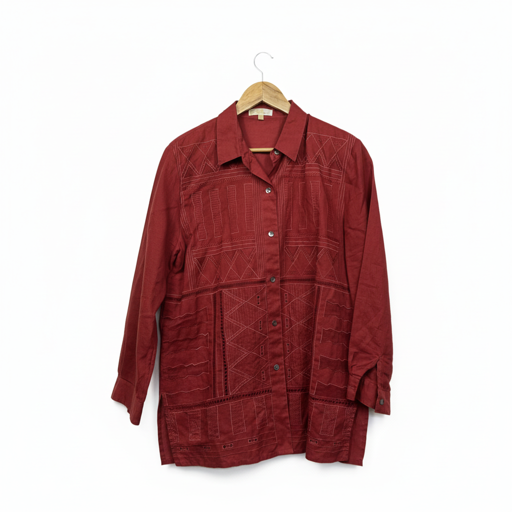 Vintage Linen Red Embroidered Button Up Top - Size XL