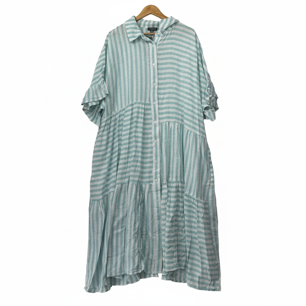 Autograph Mint & White Striped Tiered Shirt Dress - Size 20