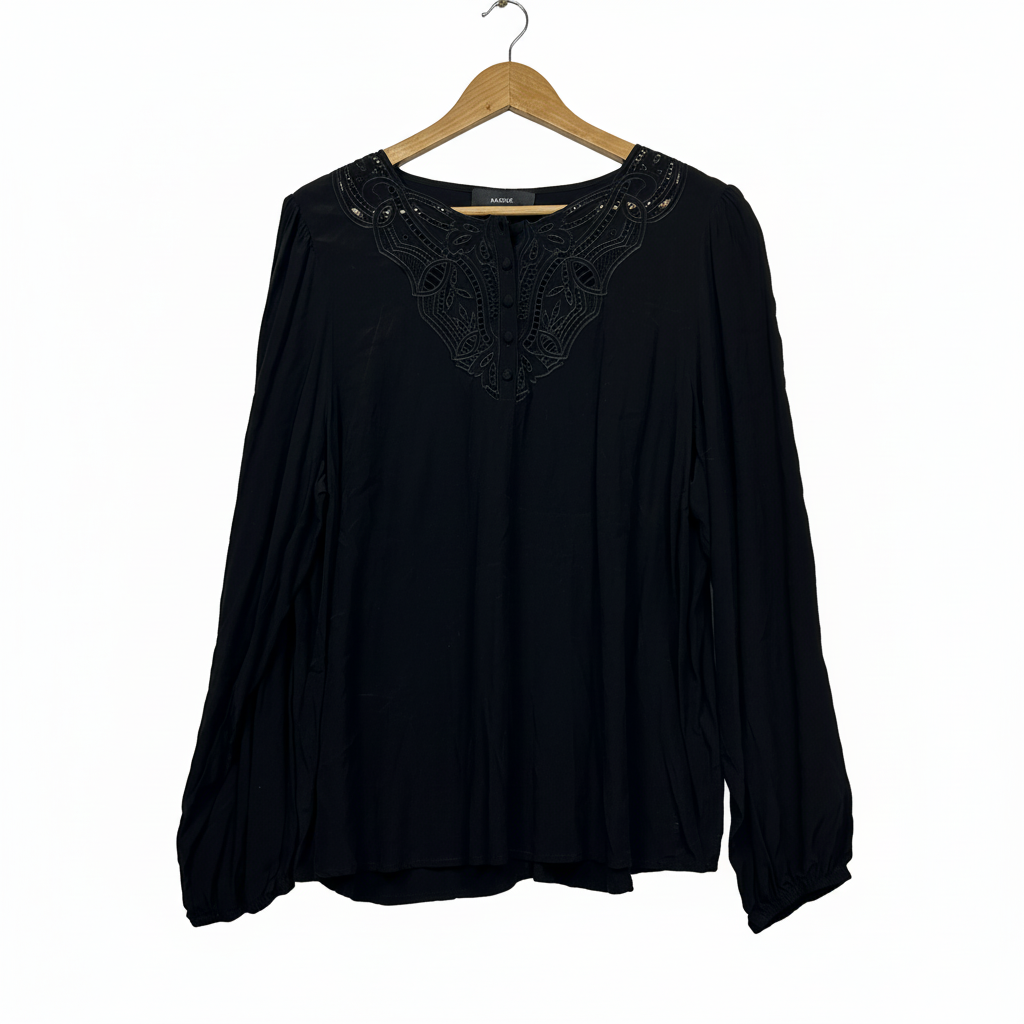 Basque black long sleeve top with embellished lace neckline