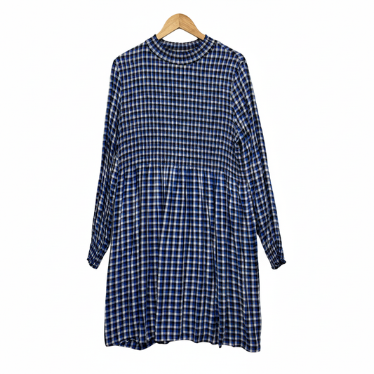 Anko Blue Check Smocked Babydoll Mini Dress - Size 14