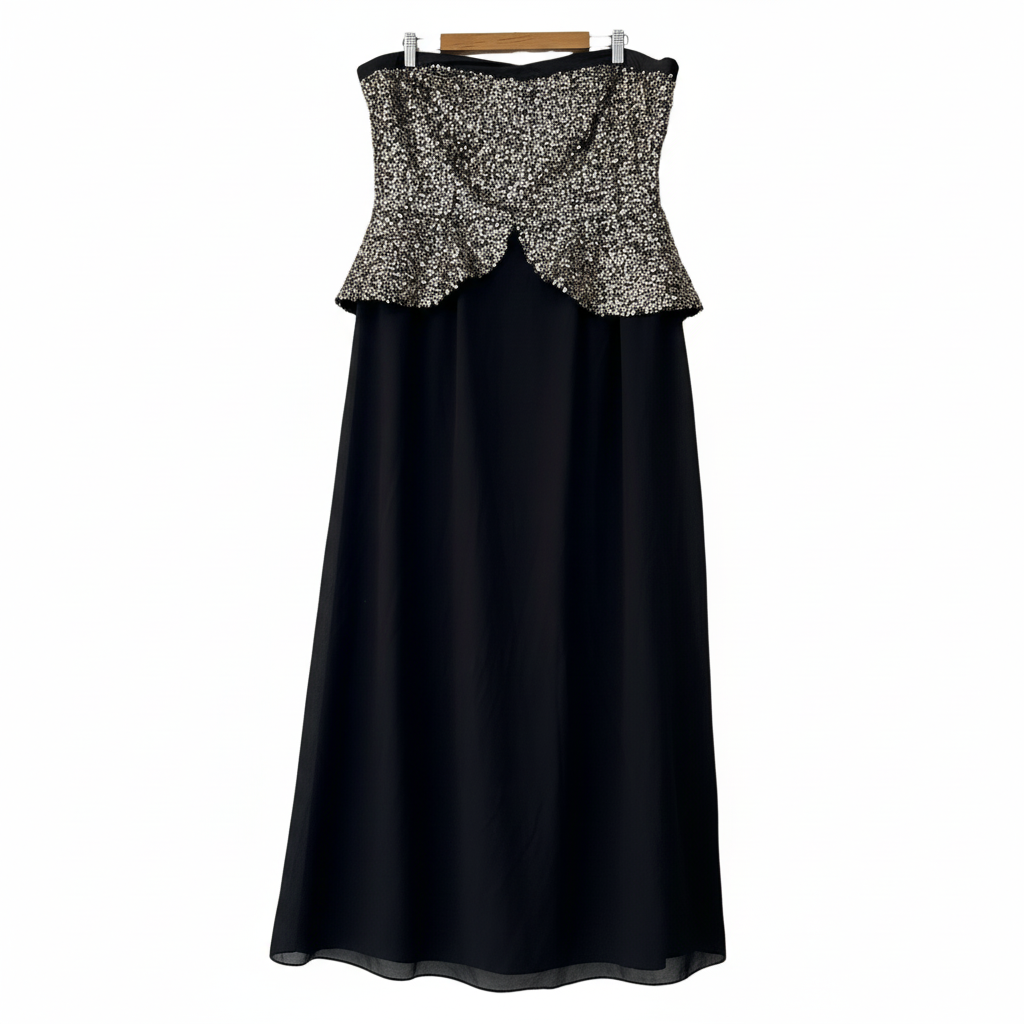 City Chic Strapless Peplum Black & Gold Sequins Evening Formal Dress - Size 18/M