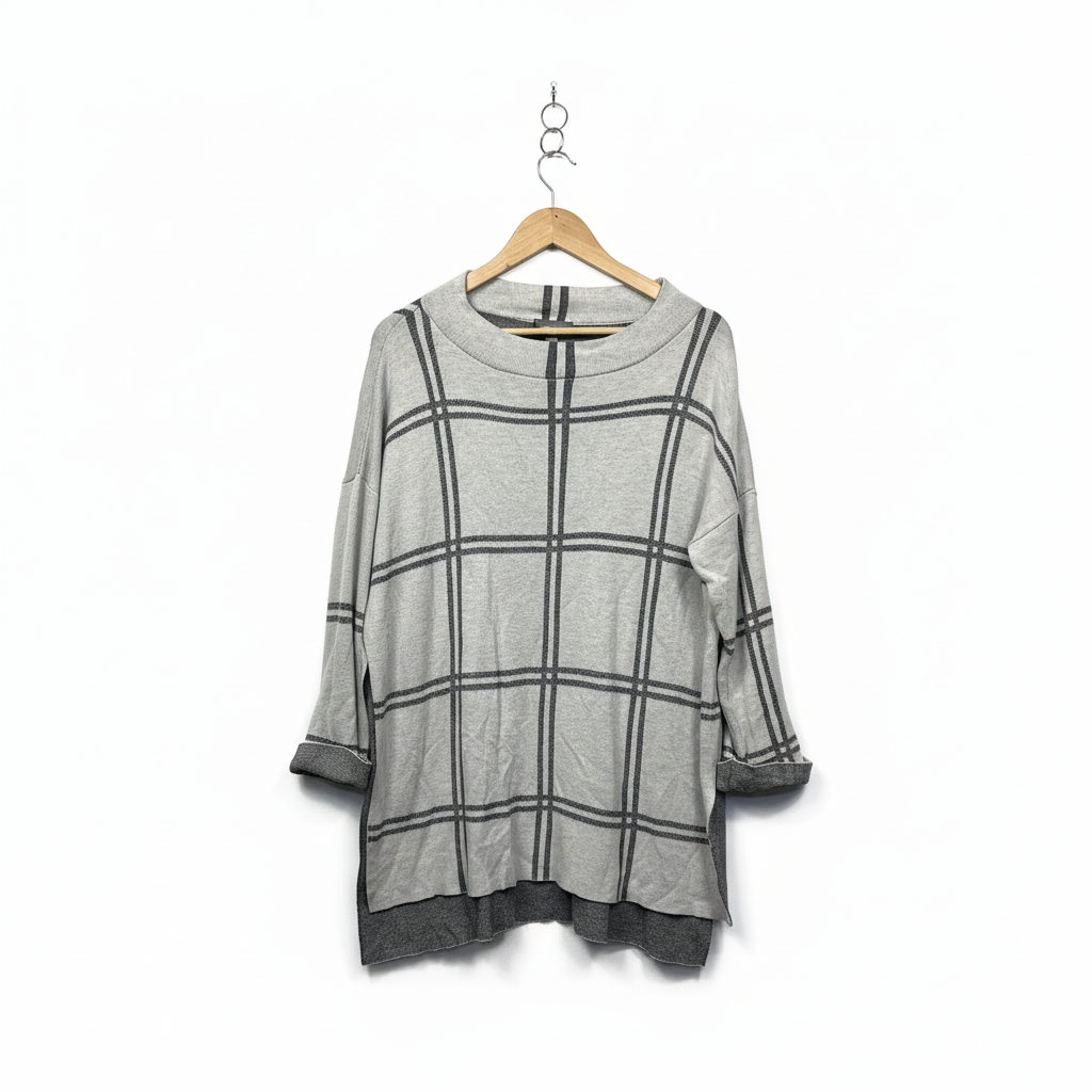 Sussan Grey Windowpane Check Wool Blend Knit Top - Size XL