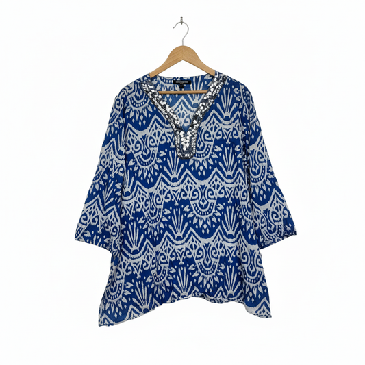 The Clothing Company blue and white patterned tunic back view