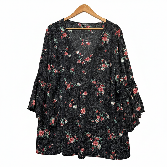 Autograph black top with white polka dots and pink floral print with flutter sleeves size 20