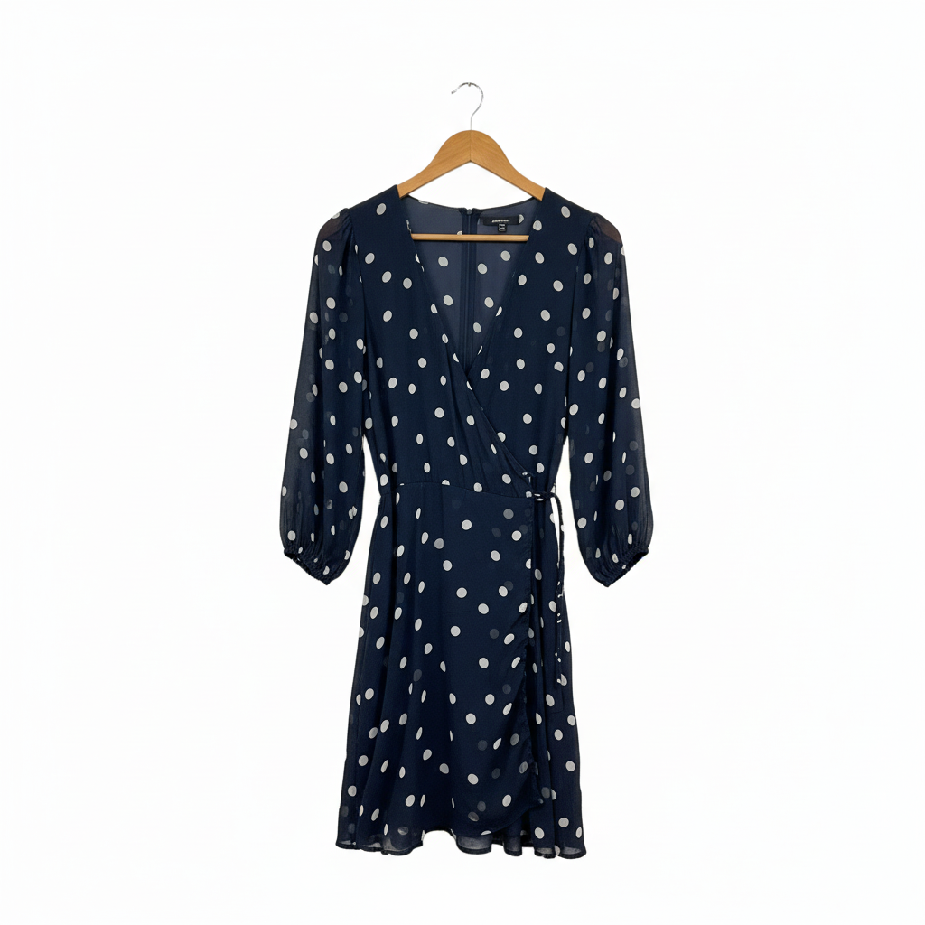 Portmans Navy Polka Dot Wrap Dress with 3/4 Sleeves - Size 12
