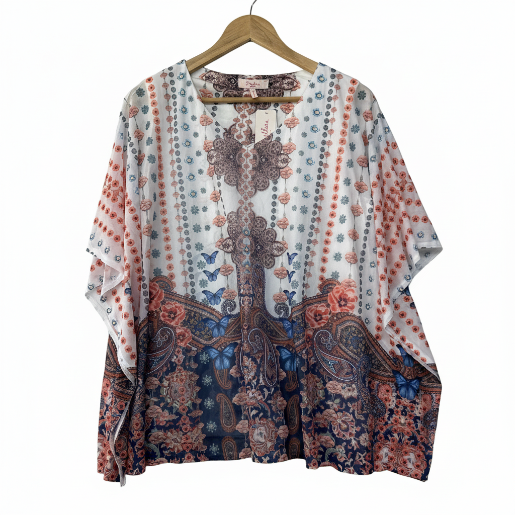 Millers White Pink Butterfly Floral Border Print Kaftan - Size L