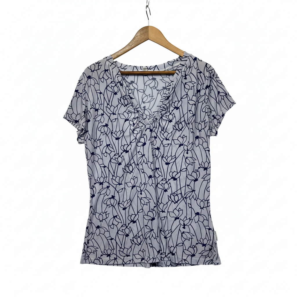 Liz Jordan White Blue Outline Floral Print Top - Size L