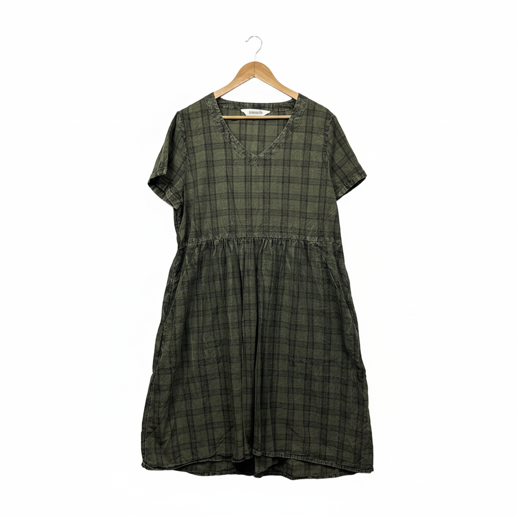 Virtuelle Olive Green Check Print Smock Dress - Size 16