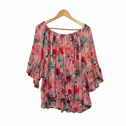 Coral Pink Floral Off-Shoulder Top with Ladder Lace Trim - Size 18/20?