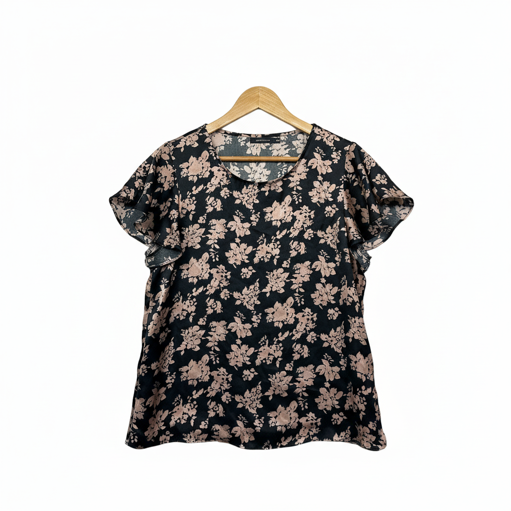 Portmans Black Floral Print Top - Size 14