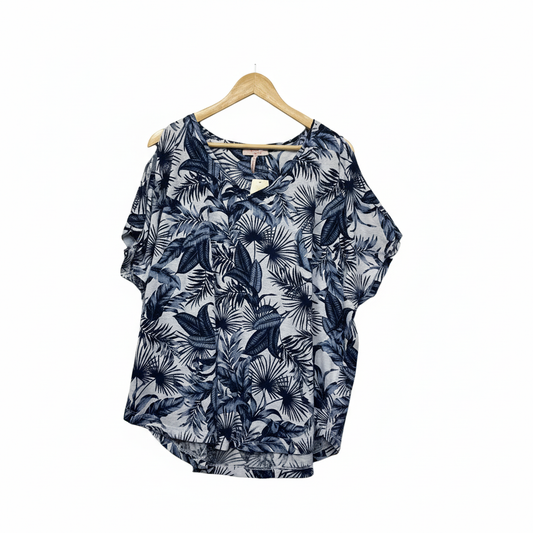 Millers Woman Blue and White Tropical Palm Print Cold Shoulder Top Size 22