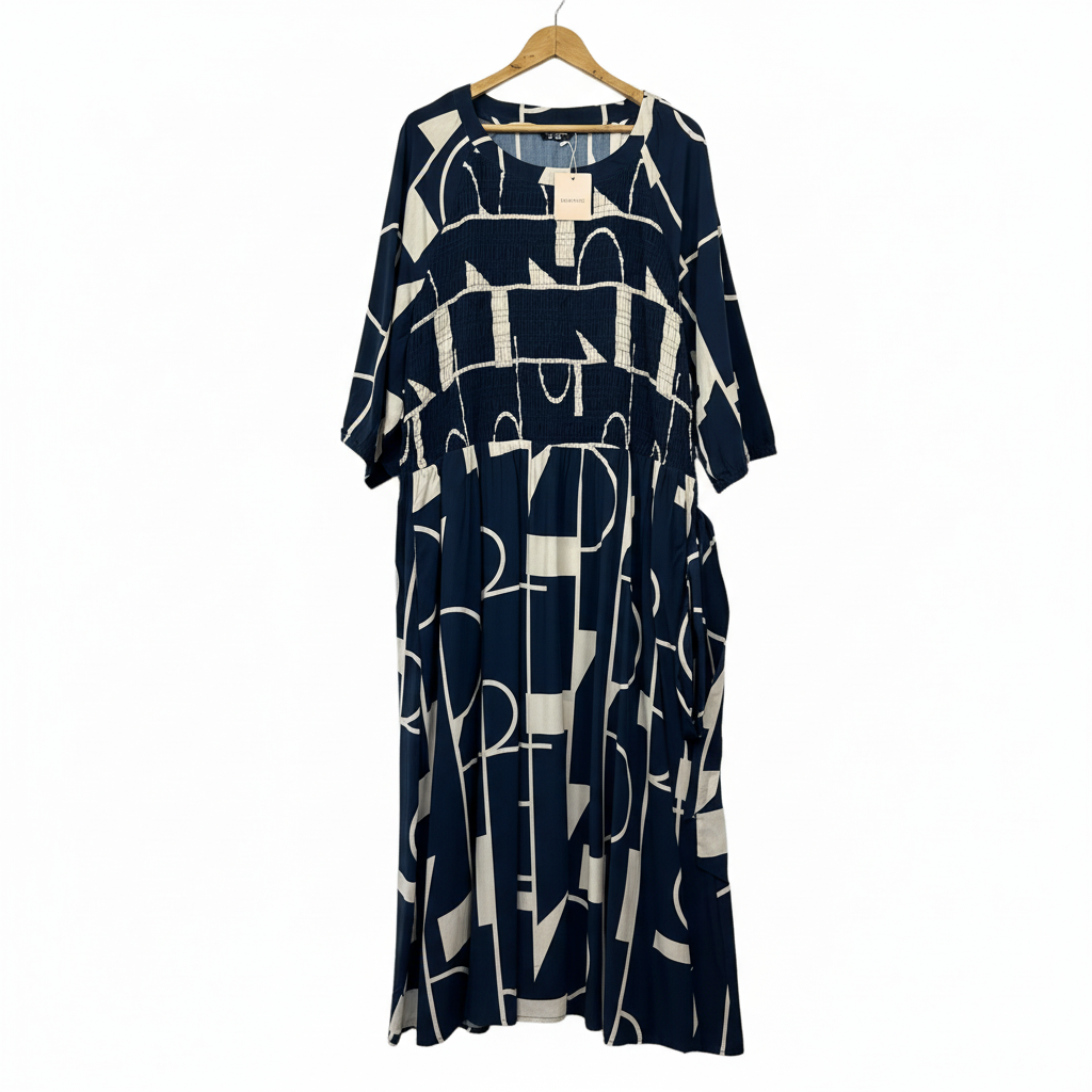 Bloomchic Navy & Cream Geometric Print Dress - Size 30